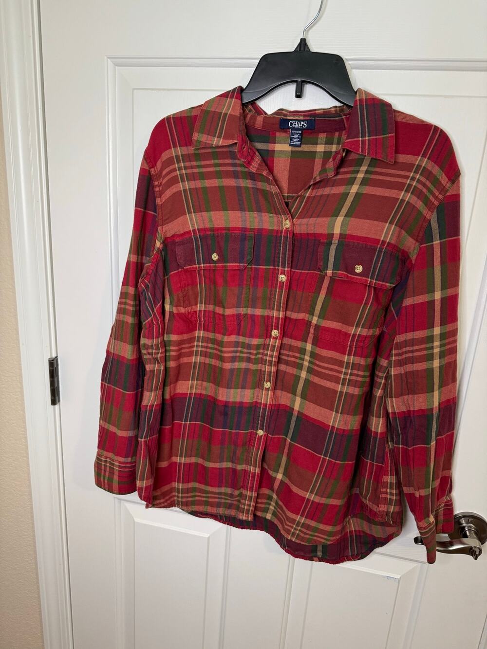 Chaps Denim Women's 100% Cotton Plaid Button Up Shirt Red Green Tan Plus 1X